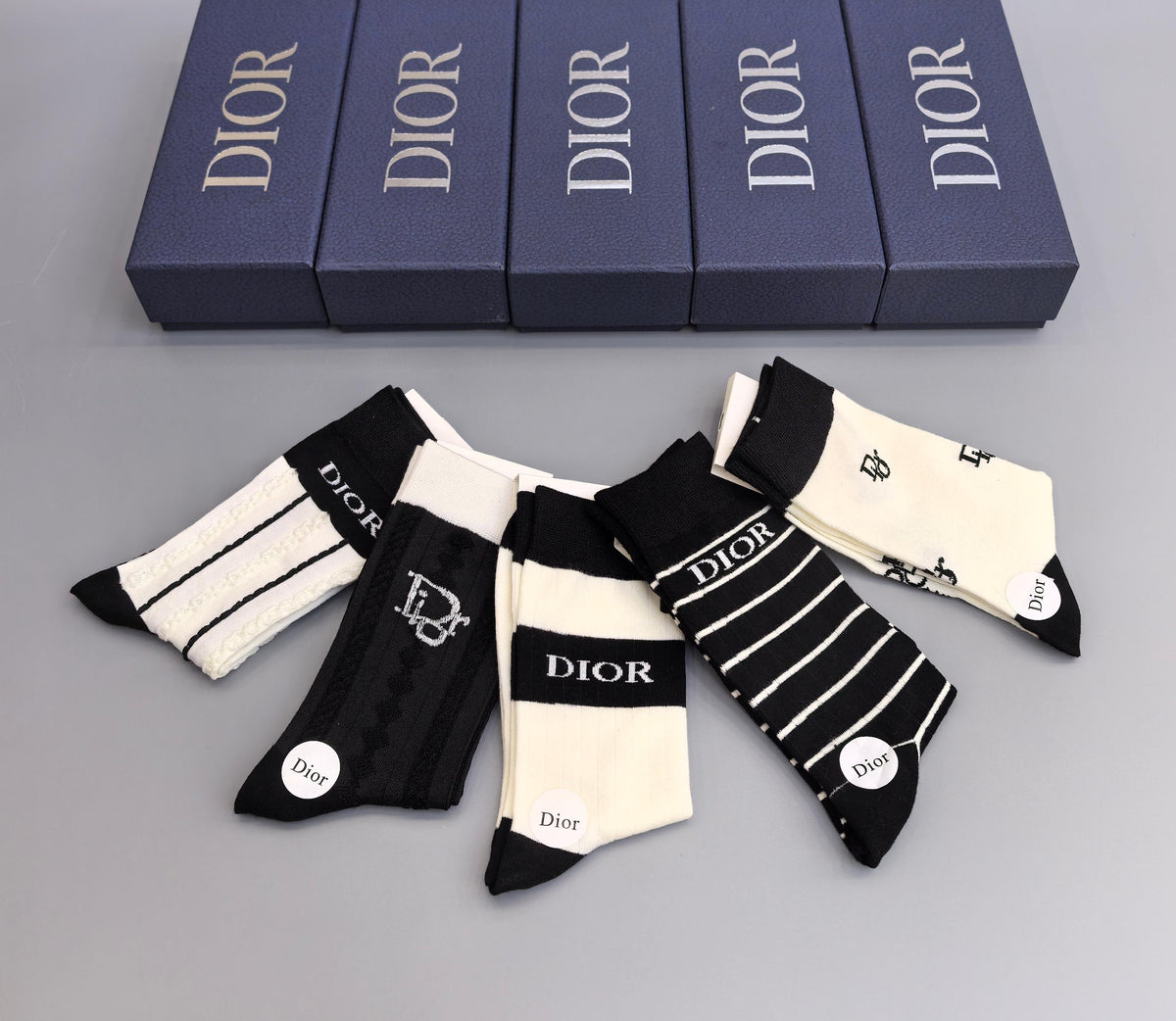 Dior Black and White Crew Crew Socks 5-Pair Box Collection