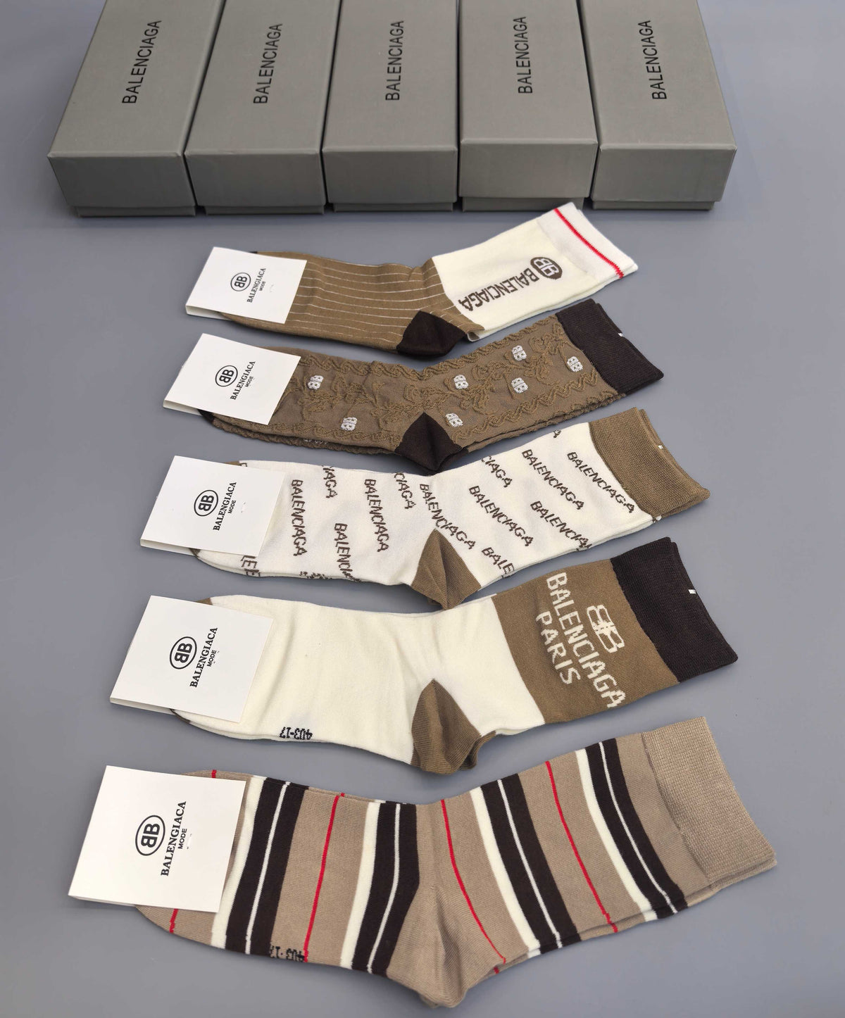 Balenciaga Neutral Print Crew Crew Socks 5-Pair Box Collection