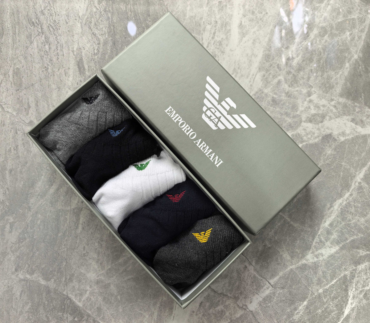 Emporio Armani Cotton Visible Colour, Cuff And Emblem Details Ankle Socks - 5-Pair Set
