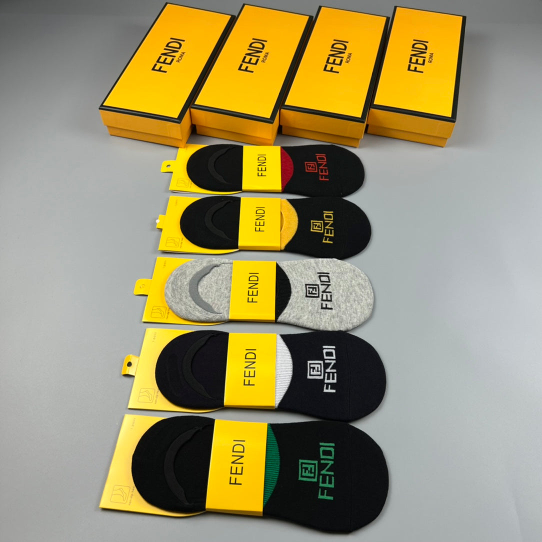 Fendi Cotton Visible Colour, Cuff And Emblem Details No-Show Socks - 5-Pair Set