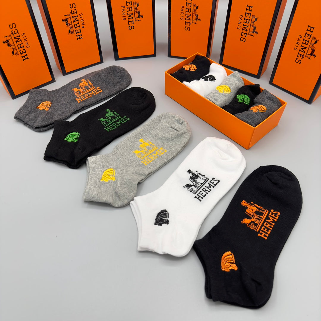 Hermes Cotton Blue, Green & White Tonal Waistbands No-Show Socks - 5-Pair Set