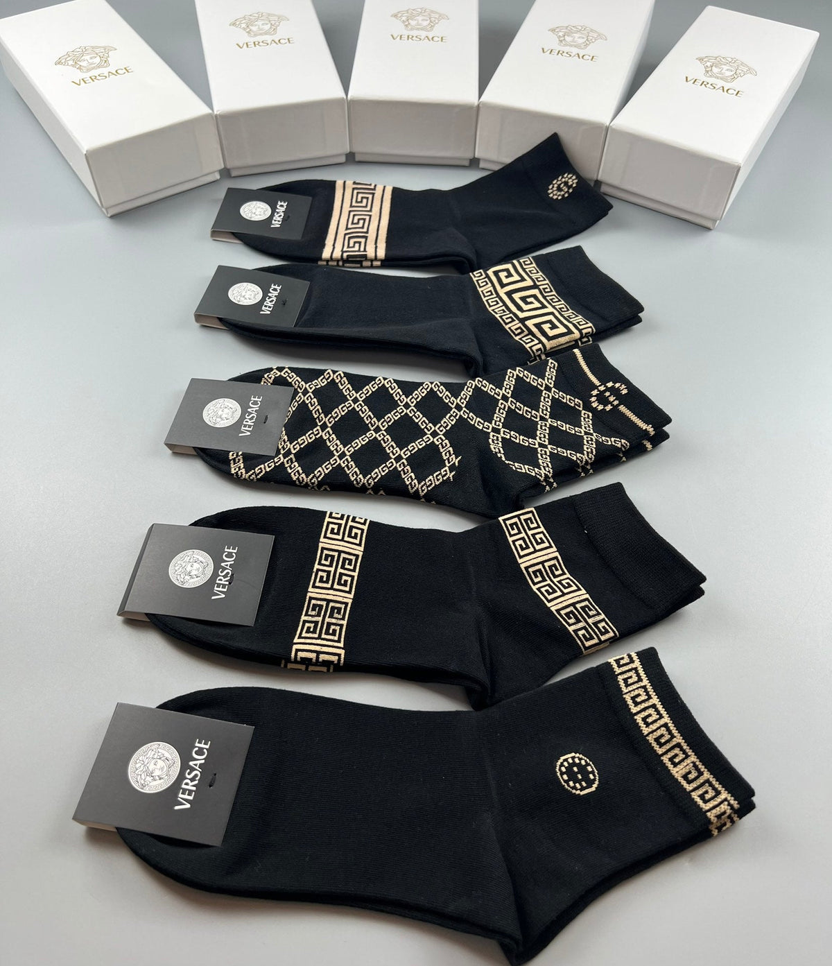 Versace Mixed Gold-Tone Greek-Key And Medallion Graphics Ankle Socks - 5-Pair Set