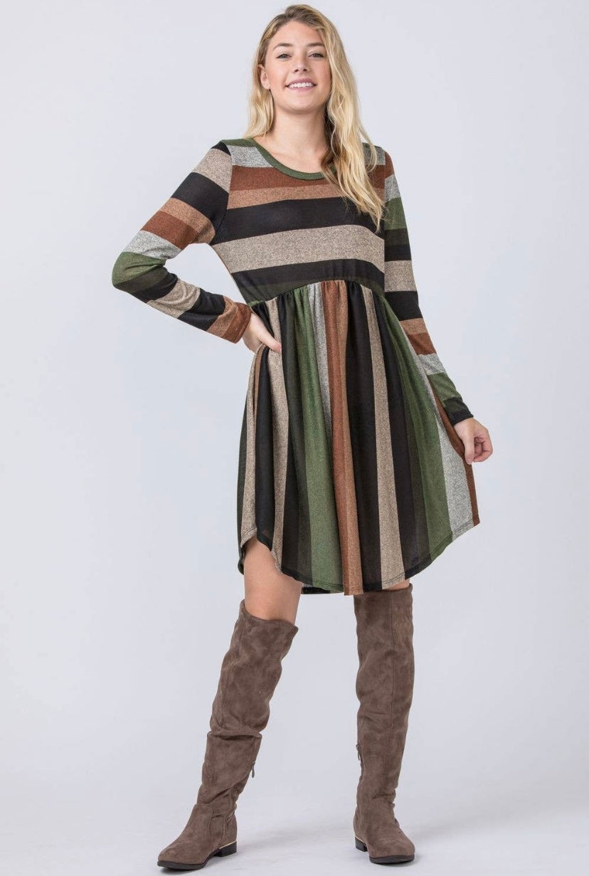 Olive Black Stripe Curved Hem Midi Dress