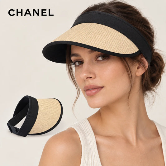 CHANEL sun visor worn by a female model, with product detail inset.