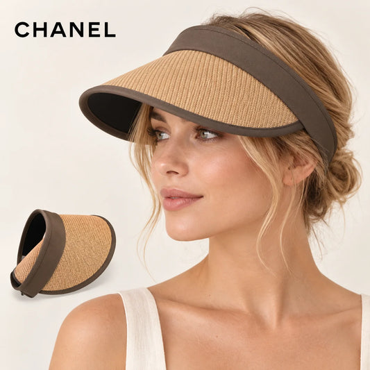 CHANEL sun visor worn by a female model, with product detail inset.