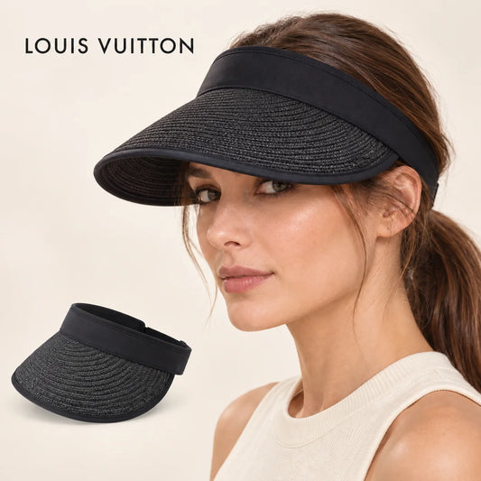 LOUIS VUITTON sun visor worn by a female model, with product detail inset.