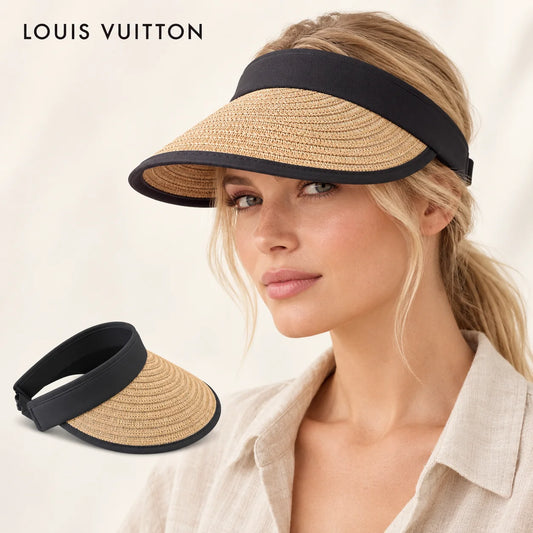 LOUIS VUITTON sun visor worn by a female model, with product detail inset.