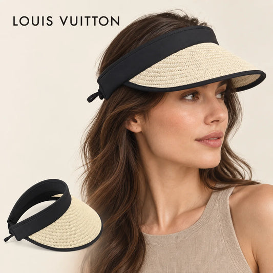 LOUIS VUITTON sun visor worn by a female model, with product detail inset.