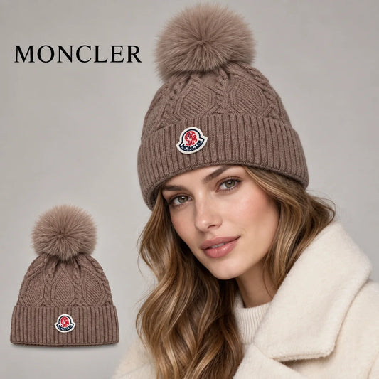 Moncler beanie worn by an adult female model, with product detail inset.