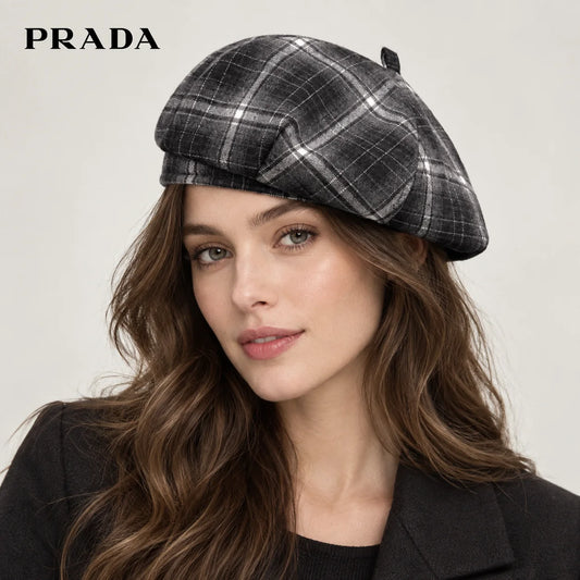 Prada hat worn by a female model, showing the hat shape and detailing.