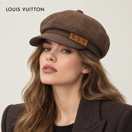 Louis Vuitton hat worn by a female model, showing the hat shape and detailing.