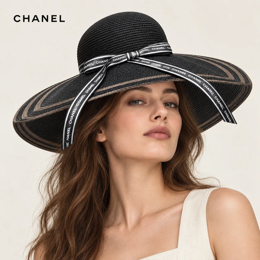 Chanel hat worn by a female model, showing the hat shape and detailing.