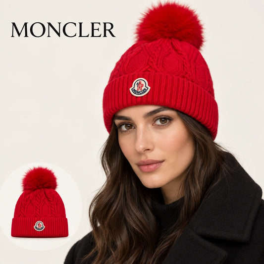Moncler beanie worn by an adult female model, with product detail inset.
