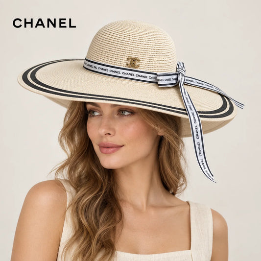 Chanel hat worn by a female model, showing the hat shape and detailing.