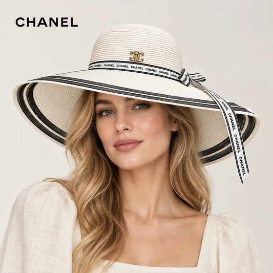 Chanel hat worn by a female model, showing the hat shape and detailing.