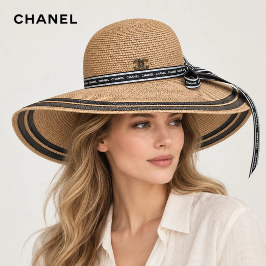 Chanel hat worn by a female model, showing the hat shape and detailing.