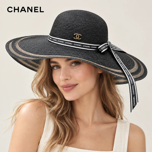Chanel hat worn by a female model, showing the hat shape and detailing.