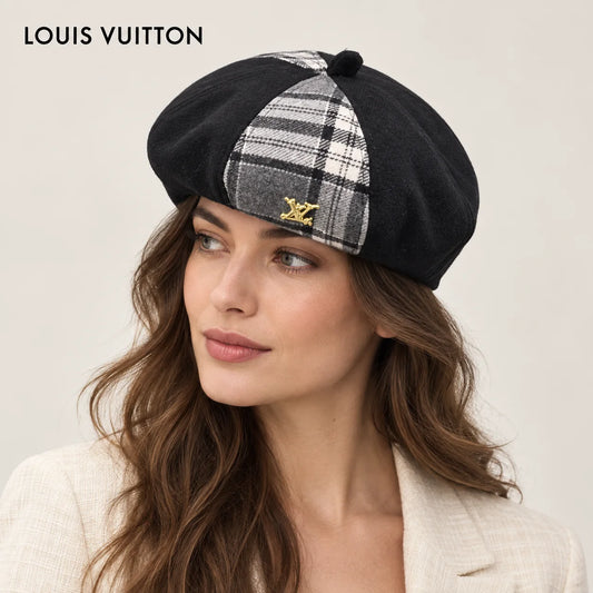 Louis Vuitton hat worn by a female model, showing the hat shape and detailing.