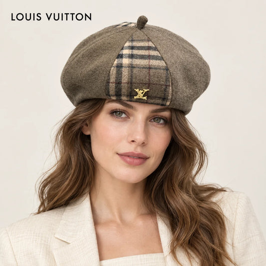 Louis Vuitton hat worn by a female model, showing the hat shape and detailing.