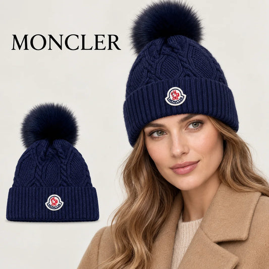 Moncler beanie worn by an adult female model, with product detail inset.