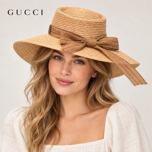 Gucci hat worn by a female model, showing the hat shape and detailing.