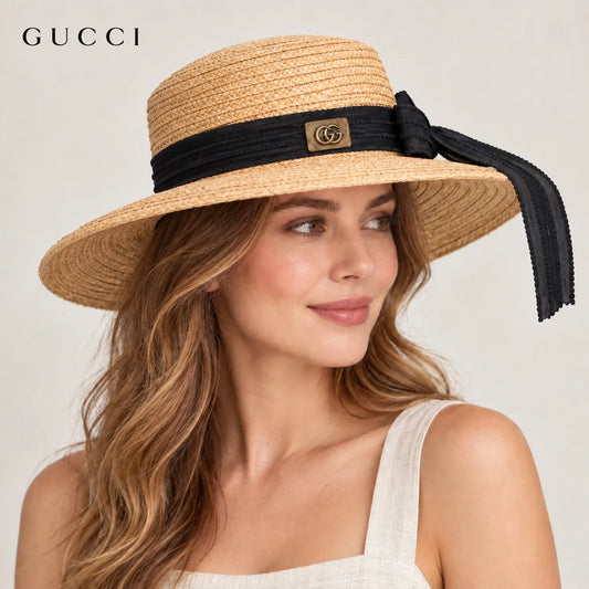 Gucci hat worn by a female model, showing the hat shape and detailing.