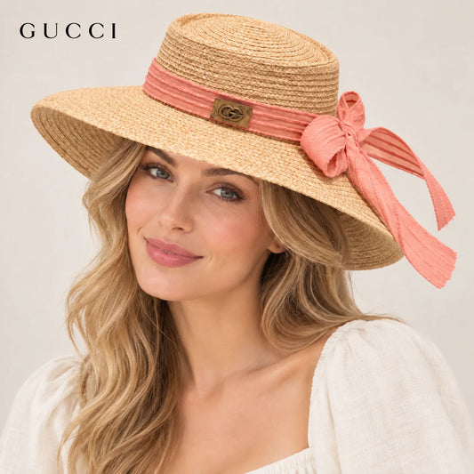 Gucci hat worn by a female model, showing the hat shape and detailing.