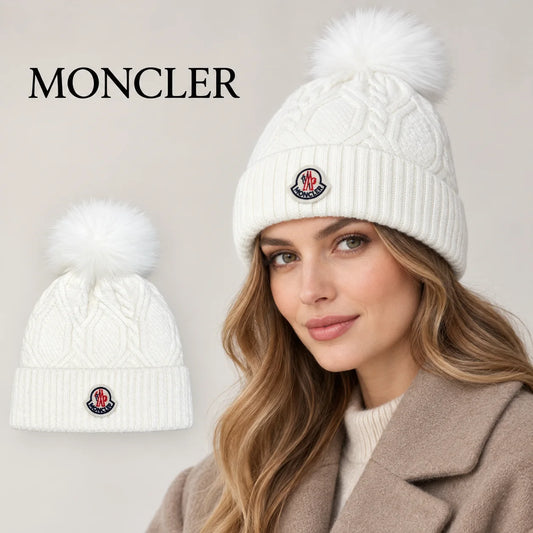 Moncler beanie worn by an adult female model, with product detail inset.