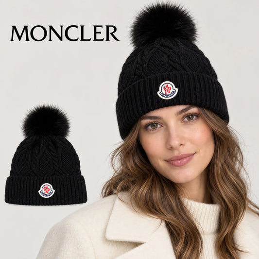 Moncler beanie worn by an adult female model, with product detail inset.