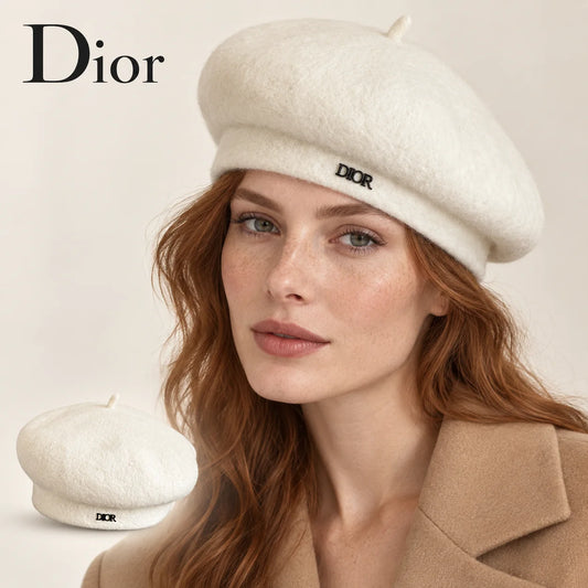 Dior beret worn by a female model, with product detail inset.