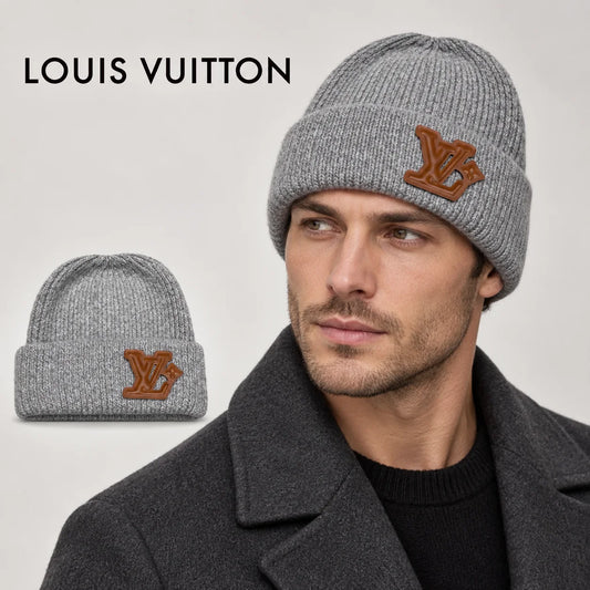 Louis Vuitton beanie worn by an adult male model, with product detail inset.