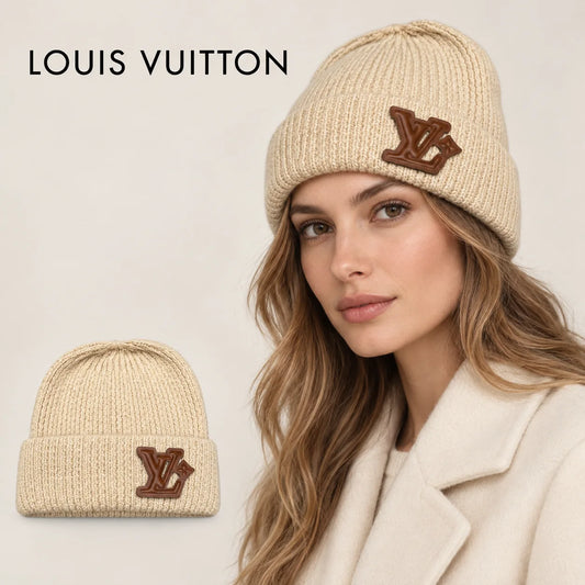Louis Vuitton beanie worn by an adult female model, with product detail inset.