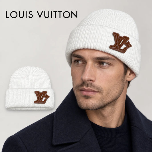 Louis Vuitton beanie worn by an adult male model, with product detail inset.