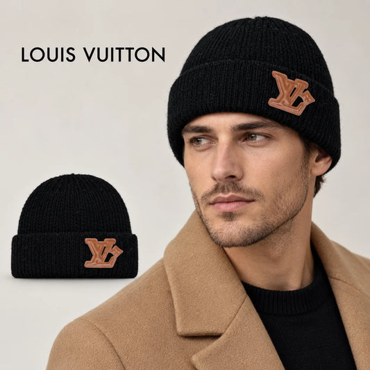 Louis Vuitton beanie worn by an adult male model, with product detail inset.