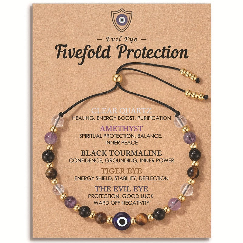 Evil Eye Fivefold Protection Bracelet | 5 Natural Crystals | Adjustable Wax Rope | Spiritual Gift