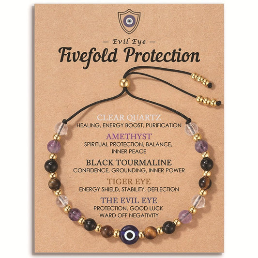 Evil Eye Fivefold Protection Bracelet | 5 Natural Crystals | Adjustable Wax Rope | Spiritual Gift