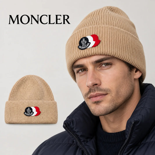 Moncler beanie worn by an adult male model, with product detail inset.