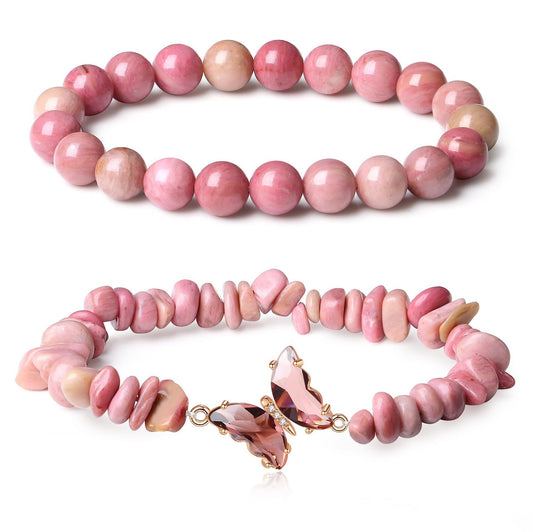 Double Layer Pink Crystal Bracelet Set | Rose Quartz Bead & Chip Stone | Gold Butterfly Charm | Coquette Gift