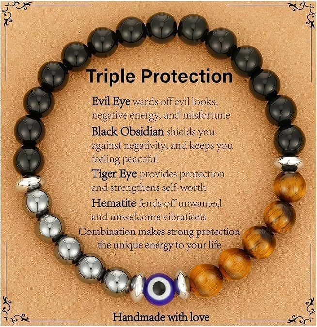 Triple Protection Bracelet | Black Obsidian Tiger Eye Hematite | 8mm Natural Stone | Spiritual Shield Gift