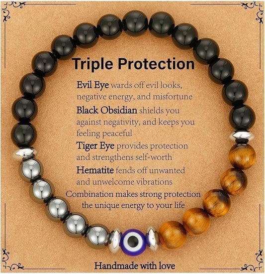 Triple Protection Bracelet | Black Obsidian Tiger Eye Hematite | 8mm Natural Stone | Spiritual Shield Gift