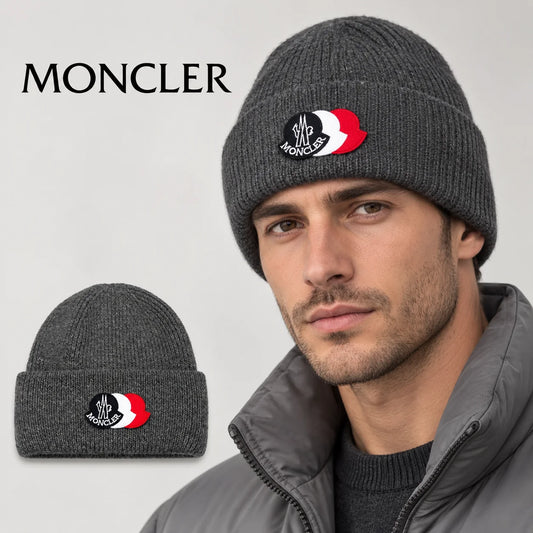 Moncler beanie worn by an adult male model, with product detail inset.