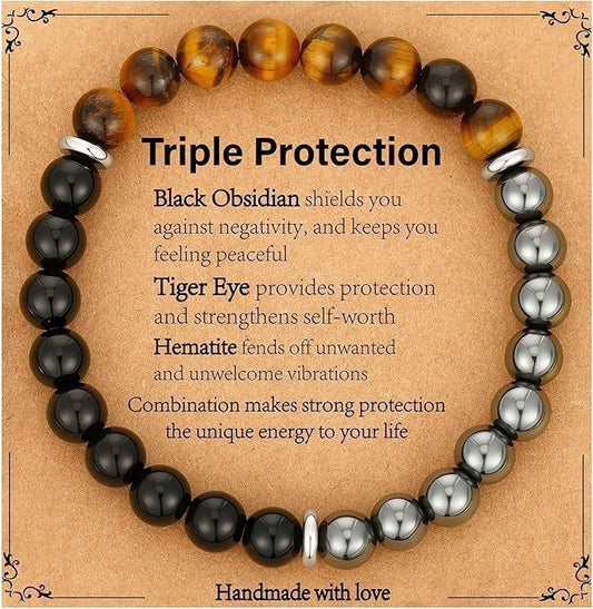 Triple Protection Bracelet | Black Obsidian Tiger Eye Hematite | 8mm Natural Stone | Spiritual Shield Gift