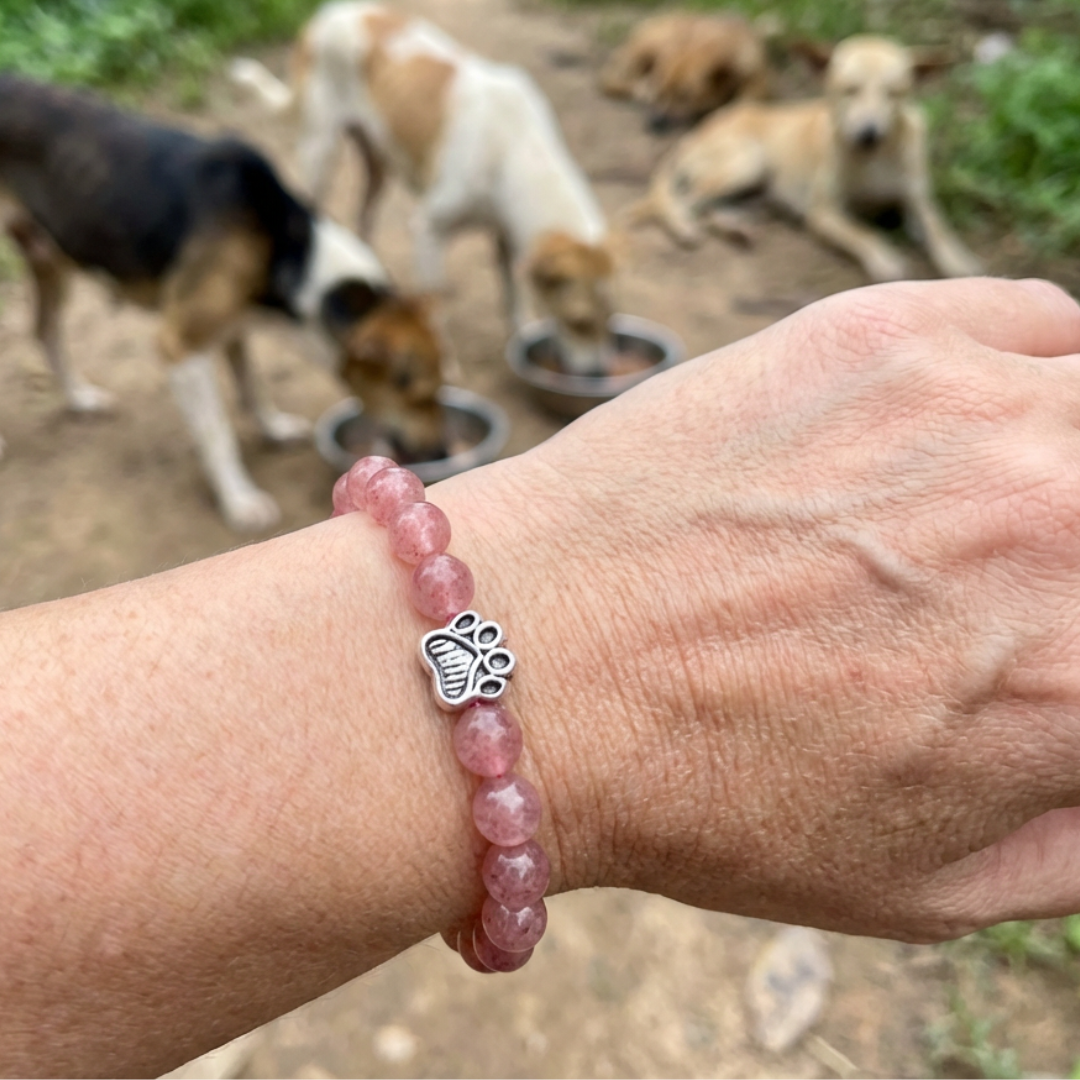 Love Strawberry Quartz Bead Bracelet | Antique Silver Paw Charm | Rescue Charity