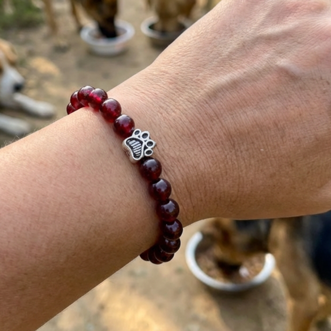 Pure Garnet Red Glass Bead Bracelet | Antique Silver Paw Charm | Rescue Charity