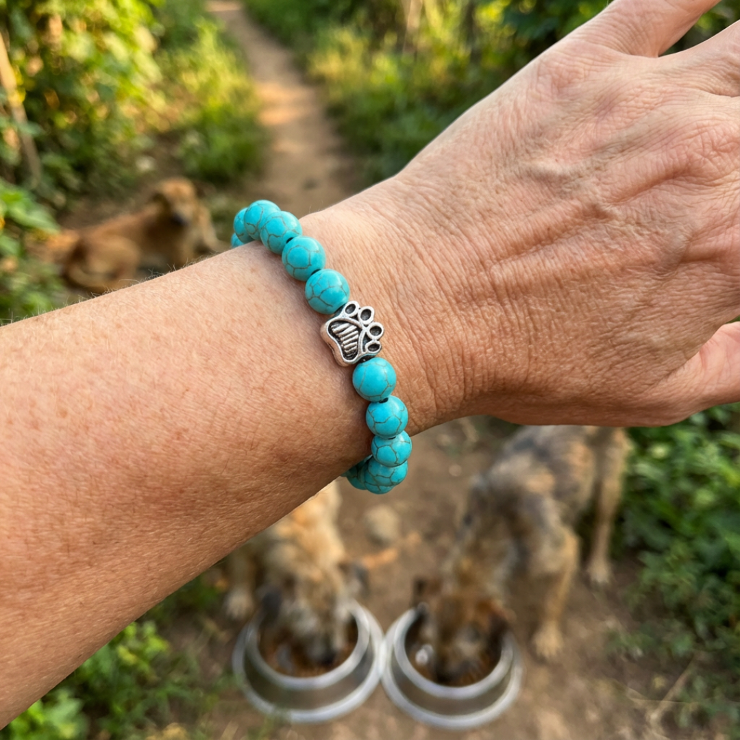 Azure Turquoise Bead Bracelet | Antique Silver Paw Charm | Rescue Charity