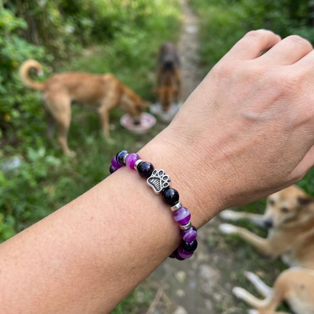 Majestic Purple Striped Agate & Black Onyx Bead Bracelet | Antique Silver Paw Charm | Rescue Charity