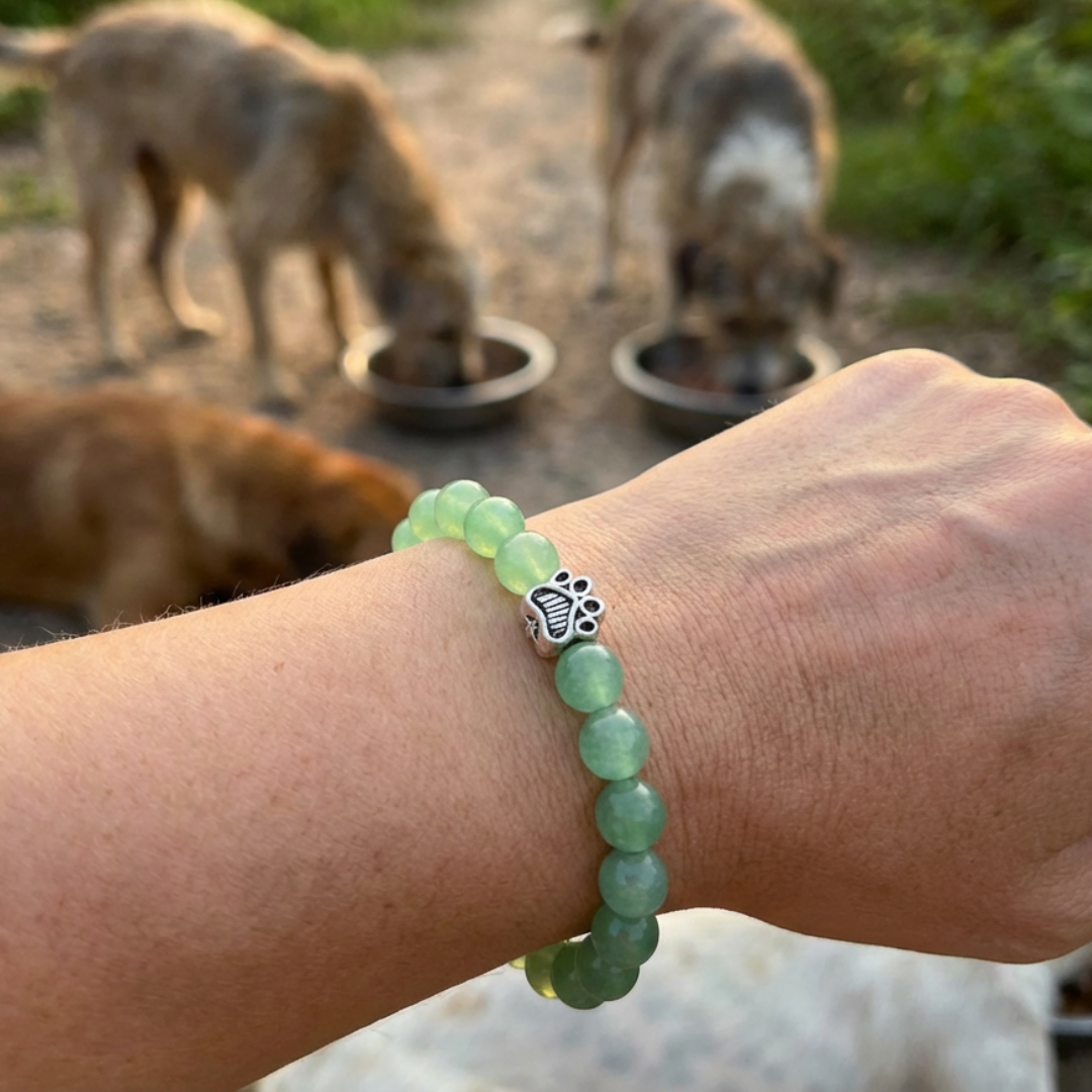 Mint Green Cat's Eye Glass Bead Bracelet | Antique Silver Paw Charm | Rescue Charity