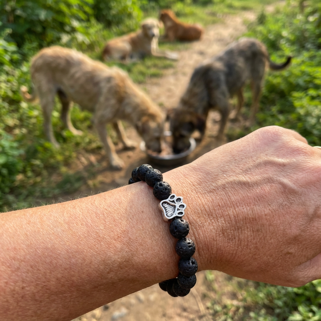 Lava Black Volcanic Rock Bead Bracelet | Antique Silver Paw Charm | Essential Oil Diffuser | Rescue Charity