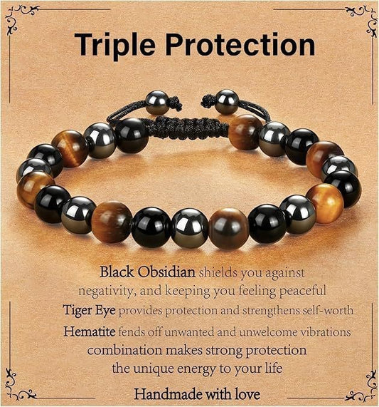 Triple Protection Bracelet | Black Obsidian Tiger Eye Hematite | 8mm Natural Stone | Spiritual Shield Gift