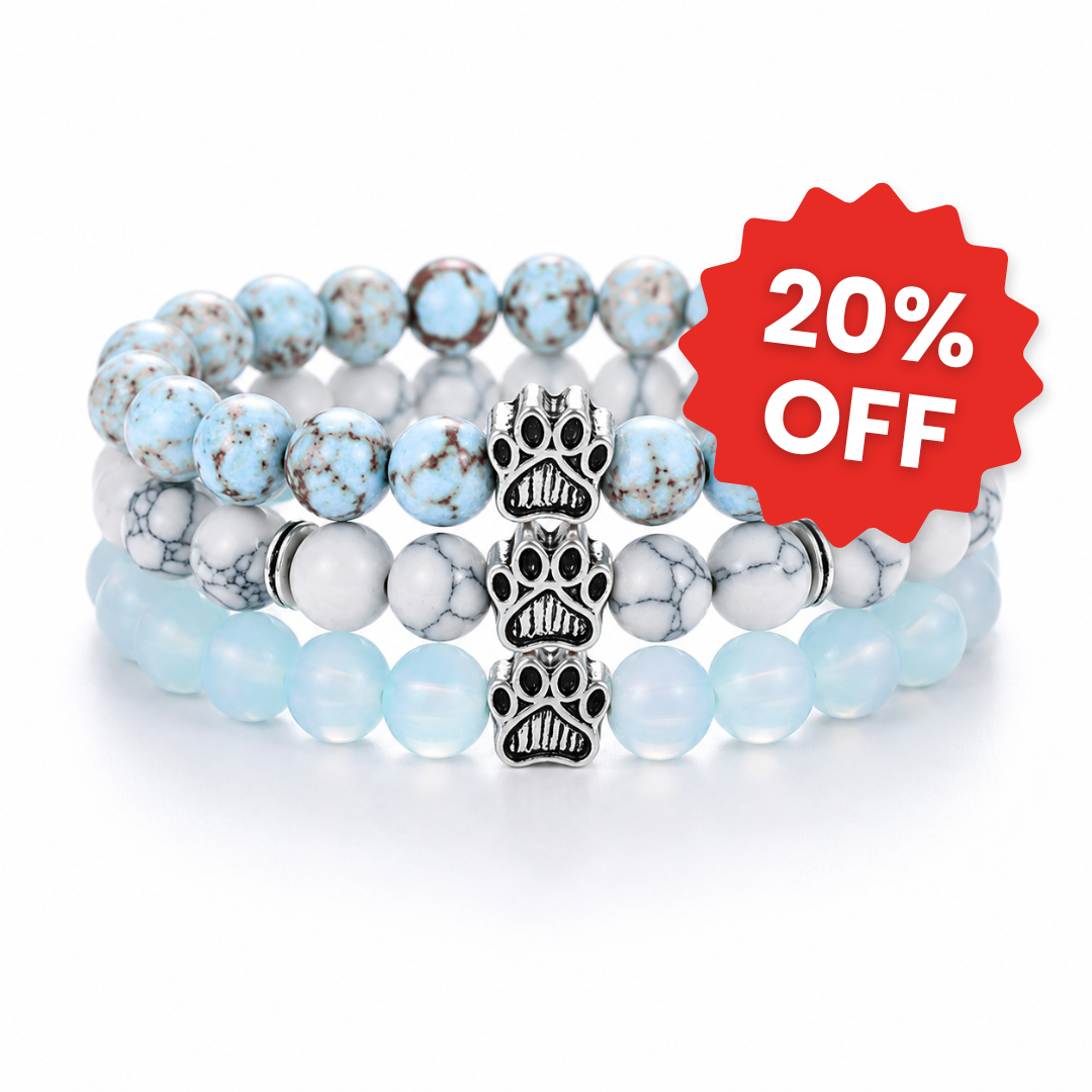 Lagoon, Arctic & Moonlight Natural Stone Bead Bracelet Trio | Paw Charm | Rescue Charity